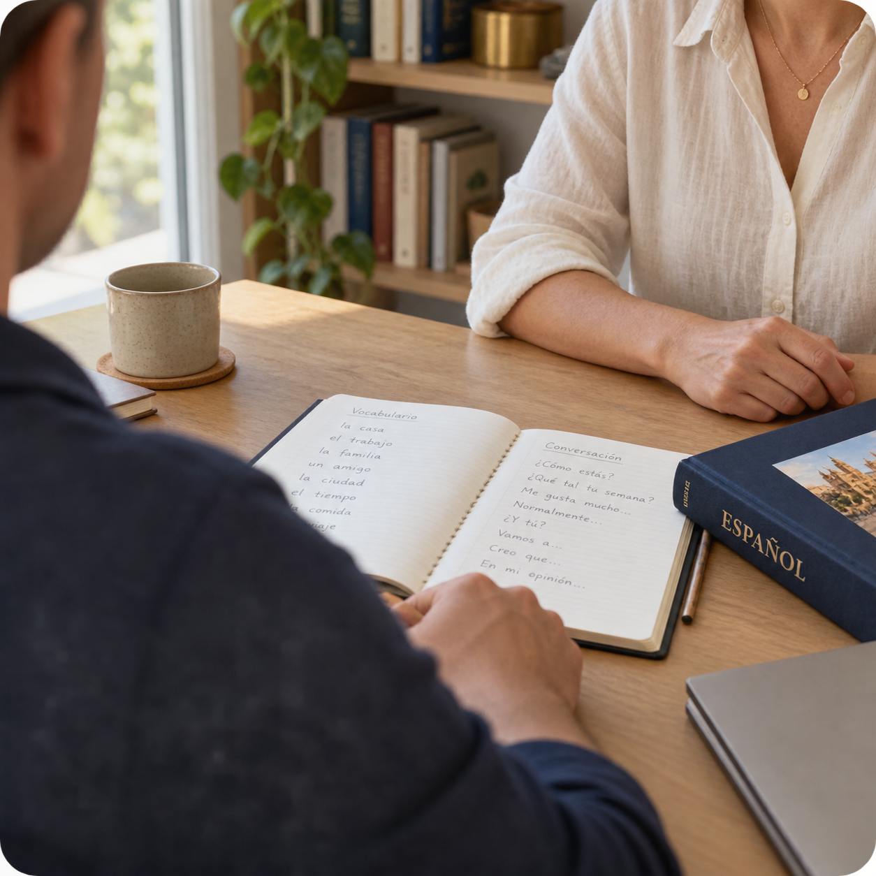 A one-on-one Spanish lesson with an open vocabulary notebook.